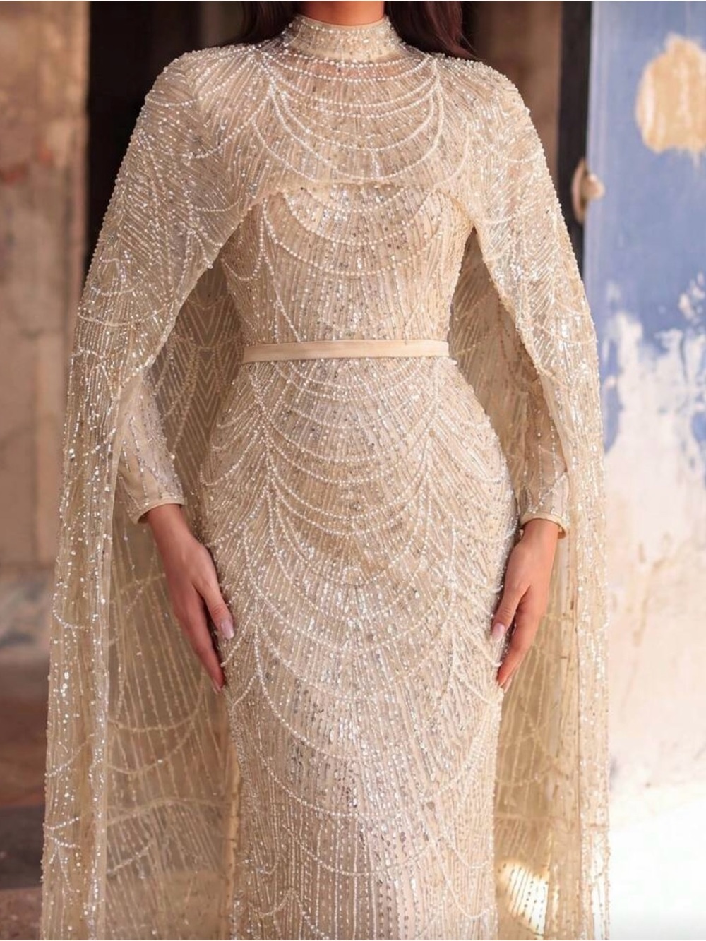 Dubai Arabia Nude Mermaid Long Cape Luxury Evening Dresses Gowns - Picture 2 of 5